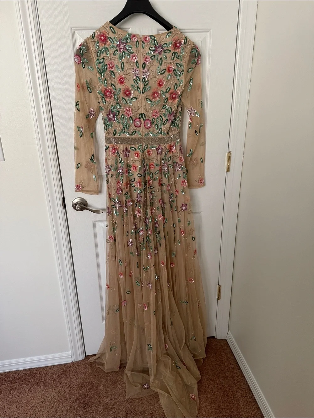 Embellished Nude Floral Mesh Evening Gown